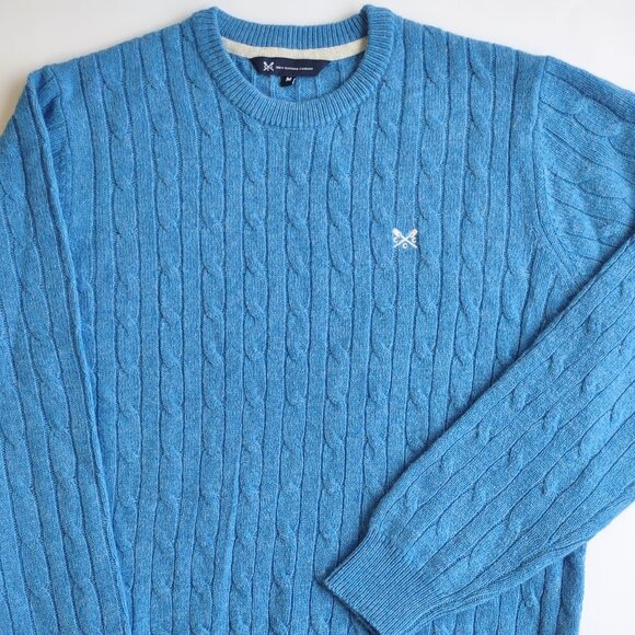 Crew Clothing Men's Lambswool Crewneck Sweater Jumper Cable Knit Blue Sz Medium - Picture 2 of 8